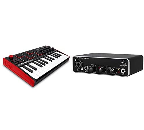 AKAI Professional MPK Mini MK3 – 25 Key USB MIDI Keyboard Controller with 8 Backlit Drum Pads & Behringer UMC22 Audiophile 2x2 USB Audio Interface with Midas Mic Preamplifier