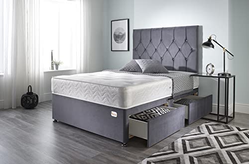 Bed Centre Ziggy Grey Plush Memory Foam Divan Bed Set With Mattress, 2 Drawers (Same Side) and Headboard (Double (135cm X 190cm))