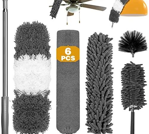 Dusters for Cleaning Extendable, 6PCS Feather Duster with 30 -100 inch Telescopic Extension Pole, Detachable Bendable Washable and Reusable Dusters for Cleaning Cobweb High Ceiling Blinds Lights Cars