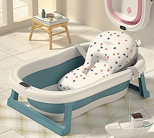 GoBuyer Foldable Baby Bath Tub with Built-in Thermometer, Soft Cushion Pad for Toddler Kids Infant - Basin - Safe Non-Slip Portable for 0-4 years