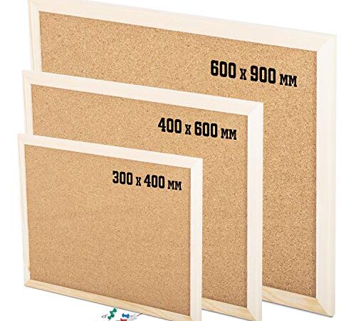 KAV 300MM x 400MM Cork Notice Office Memo Pin Board with 6 Push Pins Classic Wood Natural Frame - Perfect for Office, School, Bedroom and Home