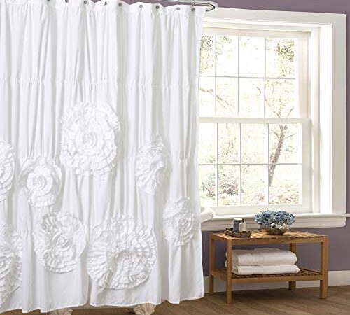 Lush Decor White Serena Shower Curtain Ruffled Floral Vintage Chic Farmhouse Style Bathroom Decor x 72