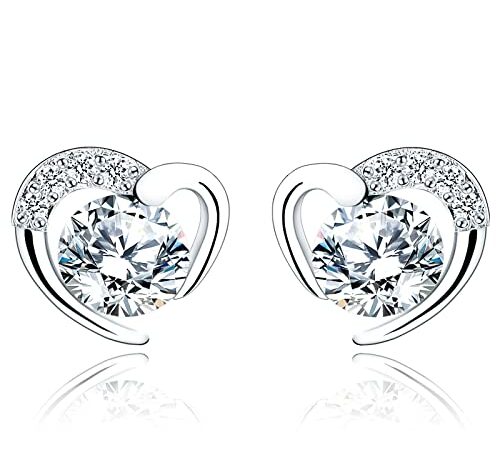 Silver Stud Earrings for Women, Stud Earrings White Gold Cubic Zirconia Heart Stud│Dainty Earrings Jewellery Gift for Girls