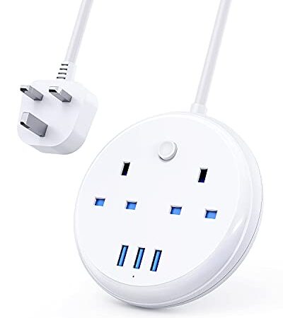 Small Extension Lead with USB by KOOSLA, Mini Desktop Power Strip with 2 Outlets & 3 USB Ports(3.1A, 15W),No Surge Protection,1.8 M Flat Plug Extension Cord for Cruise Ship, Travel, Home