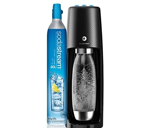 SodaStream Spirit One Touch Electric Sparkling Water Maker Machine includes a 1 Litre Reusable BPA Free Water Bottle for Carbonating and 60 L CO2 Gas Cylinder - Black