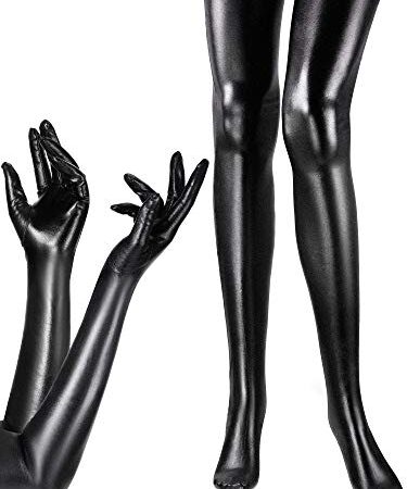 Women's Costume Set Elastic Spandex Shiny Wet Long Gloves and Wet Look Thigh High Stockings