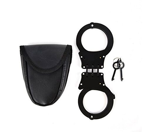Y&S Chrome Heavy Duty Double Lock 3 Hinge Handcuffs Army Military Police with Pin Hold Key and Case (Black)